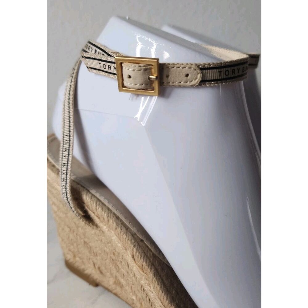 Tory Burch Beige Logo Strappy Ribbon Wedge Espadrille Sandals Heels Sz 7.5/8 - Picture 6 of 10